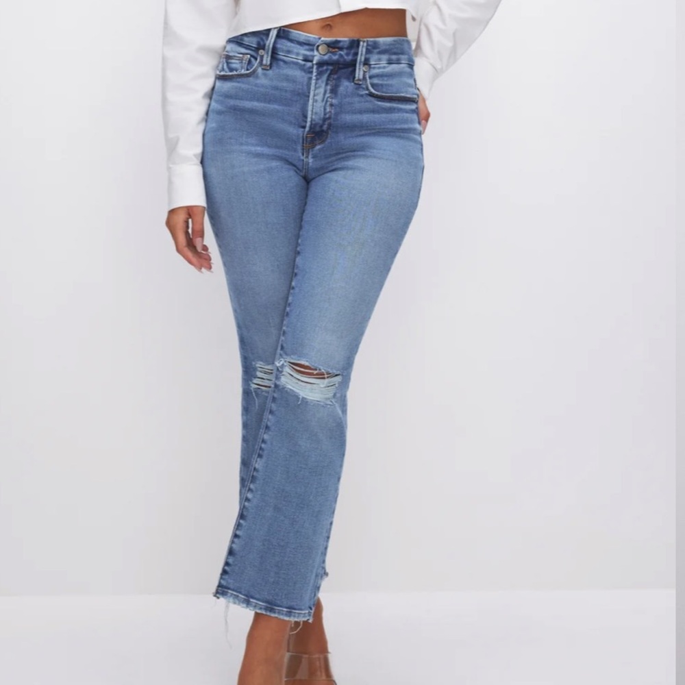 Good American Light Blue High-Rise Cropped Distressed Jeans